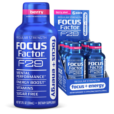 The blue bottle of F29 Focus + Energy Regular Strength Shot is designed to enhance mental performance and provide an energy boost. The 6-pack display highlights multiple bottles, emphasizing its vitamin-rich, sugar-free formula ideal for individuals looking to improve their focus.