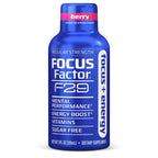 A blue bottle of F29 Focus + Energy Regular Strength Shot features a berry flavor label, emphasizing "mental performance," "energy boost," and "vitamins." This sugar-free, regular-strength nootropic contains 2 fl oz (59 mL) of dietary supplement.