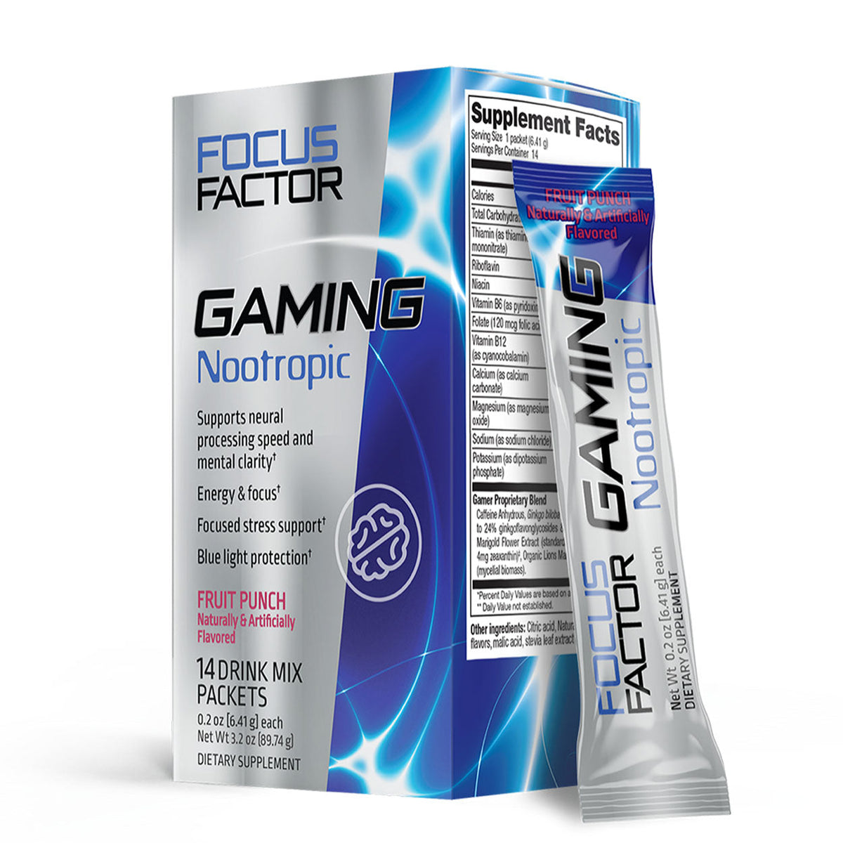 Box containing 14 packets of Focus Factor® Nootropics Gaming Drink Mix in fruit punch flavor, ideal for any e-sports athlete. Highlights include benefits such as enhanced neural processing, improved mental clarity, increased energy, stress support, and blue light protection.