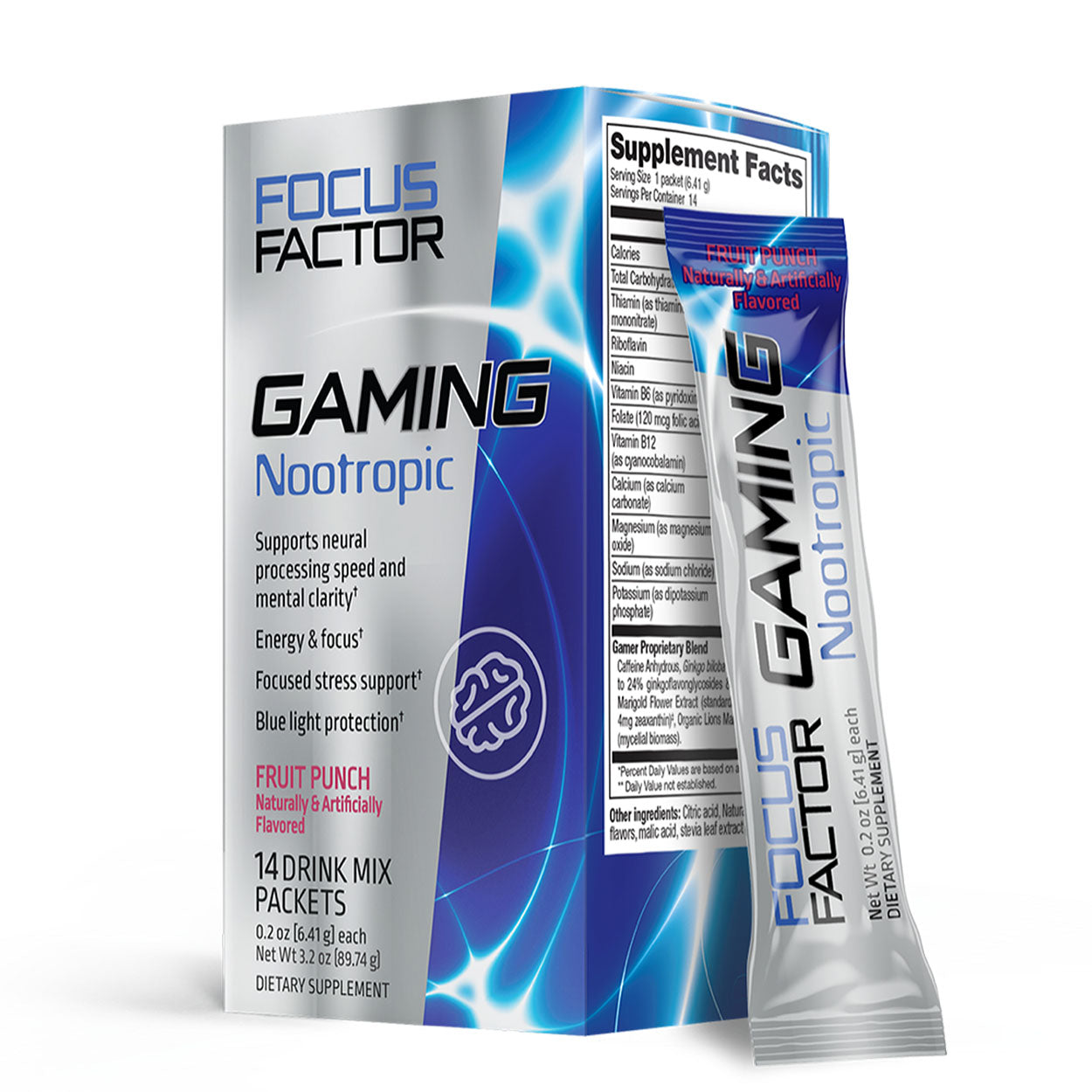 Box containing 14 packets of Focus Factor® Nootropics Gaming Drink Mix in fruit punch flavor, ideal for any e-sports athlete. Highlights include benefits such as enhanced neural processing, improved mental clarity, increased energy, stress support, and blue light protection.
