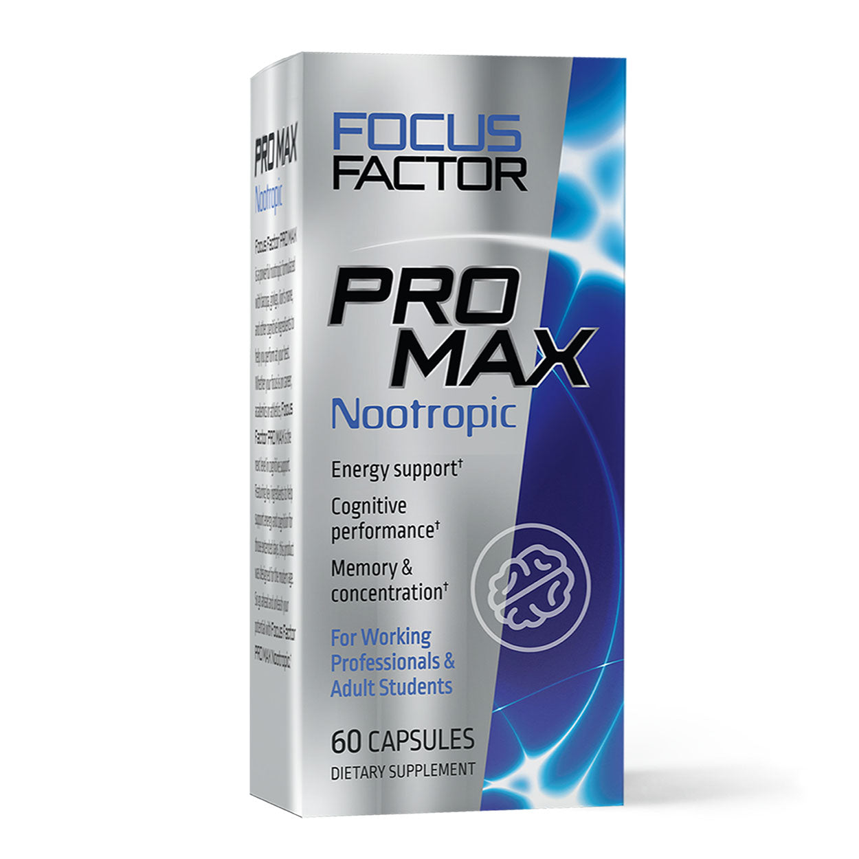 The packaging of Focus Factor® Nootropics Pro Max highlights its nootropic benefits, such as energy and cognition support. It emphasizes enhancements in cognitive performance, memory, and concentration, making it perfect for working professionals and adult students. The bottle contains 60 capsules.