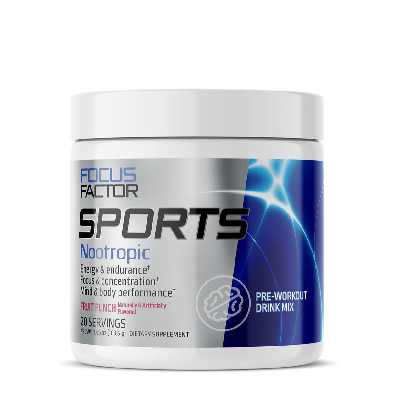 A white and blue container of Focus Factor® Nootropics Sports Pre-workout. The label emphasizes benefits such as energy, endurance, focus, and body performance. This fruit punch-flavored mix offers 20 servings.